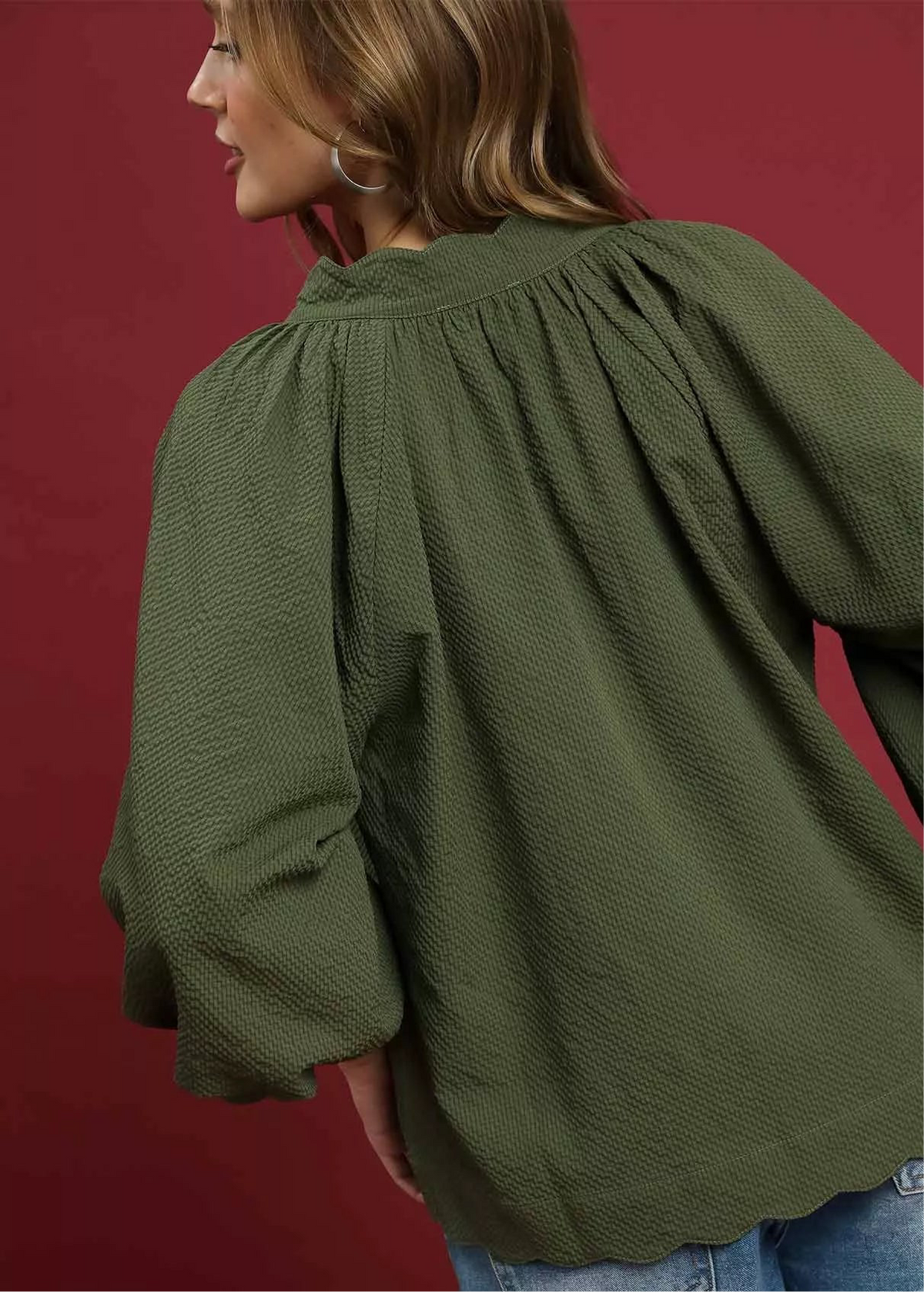 Textured Notched Balloon Sleeve Blouse