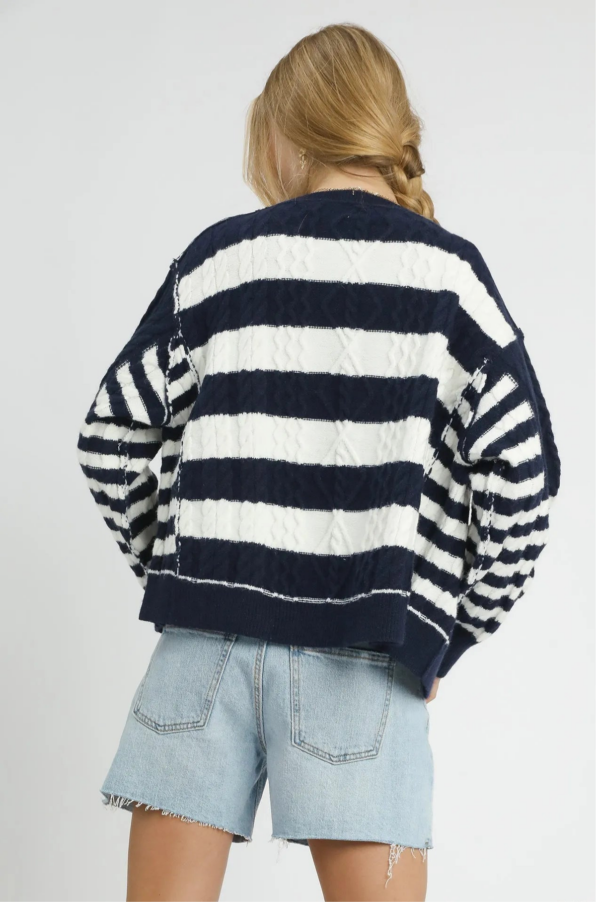 Cable-Knit Stripe Button-Up Cardigan