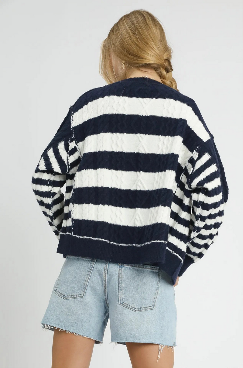 Cable-Knit Stripe Button-Up Cardigan