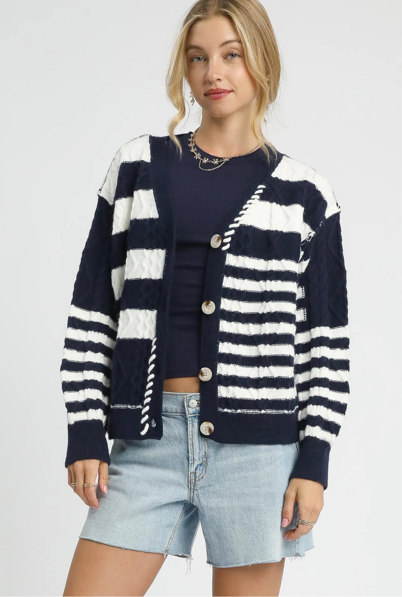 Cable-Knit Stripe Button-Up Cardigan