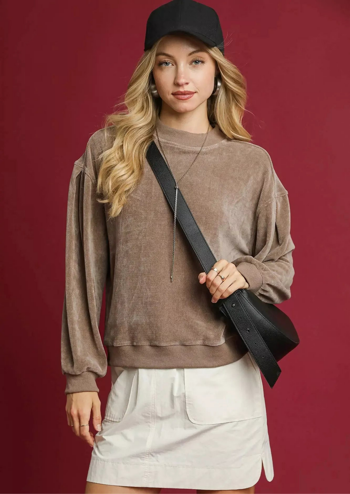 Velour Crewneck Balloon Sleeve Sweatshirt