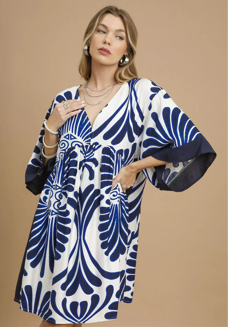 Abstract Print Kimono Sleeve Mini Dress