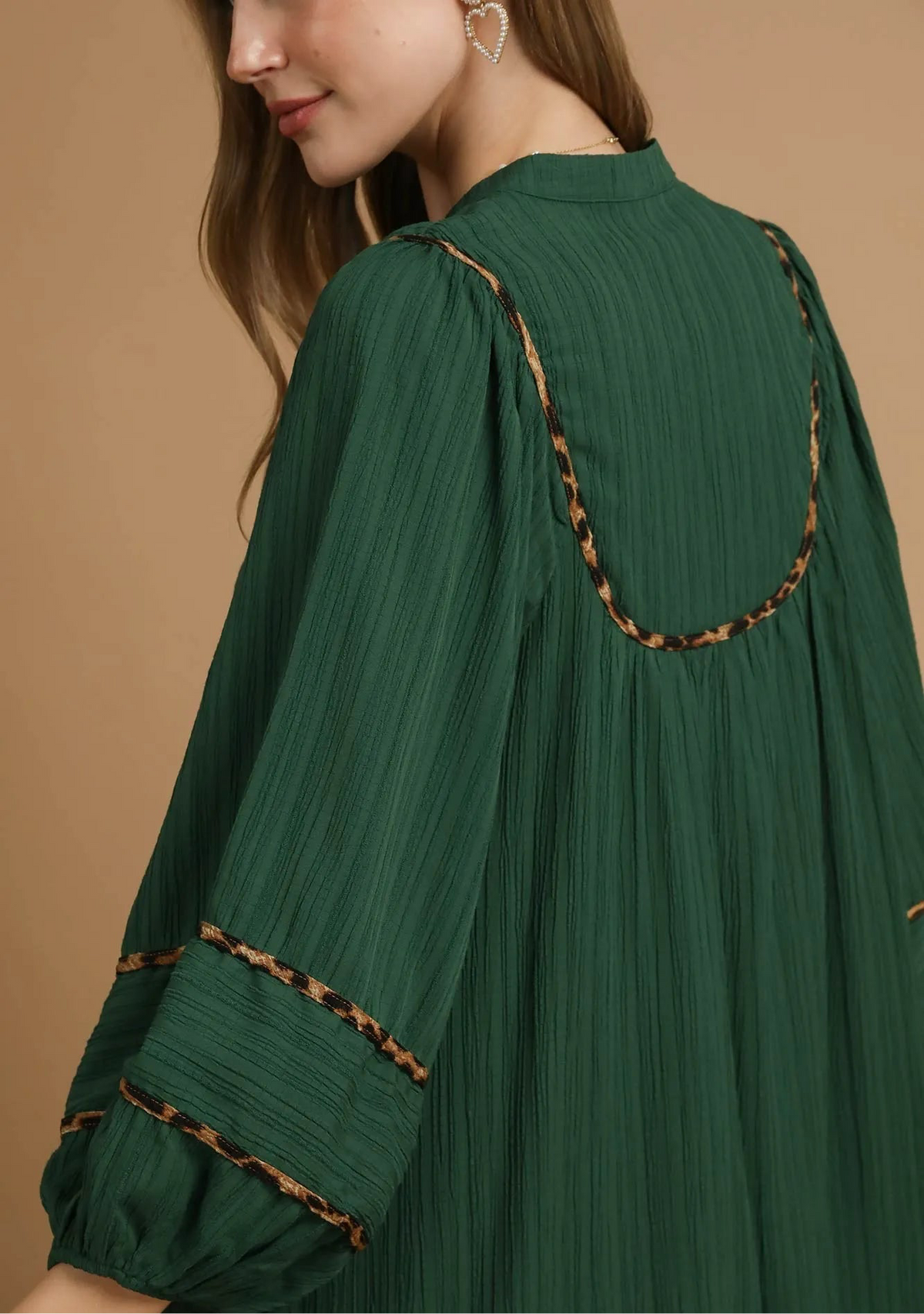 Textured Babydoll Dress with Leopard Trim