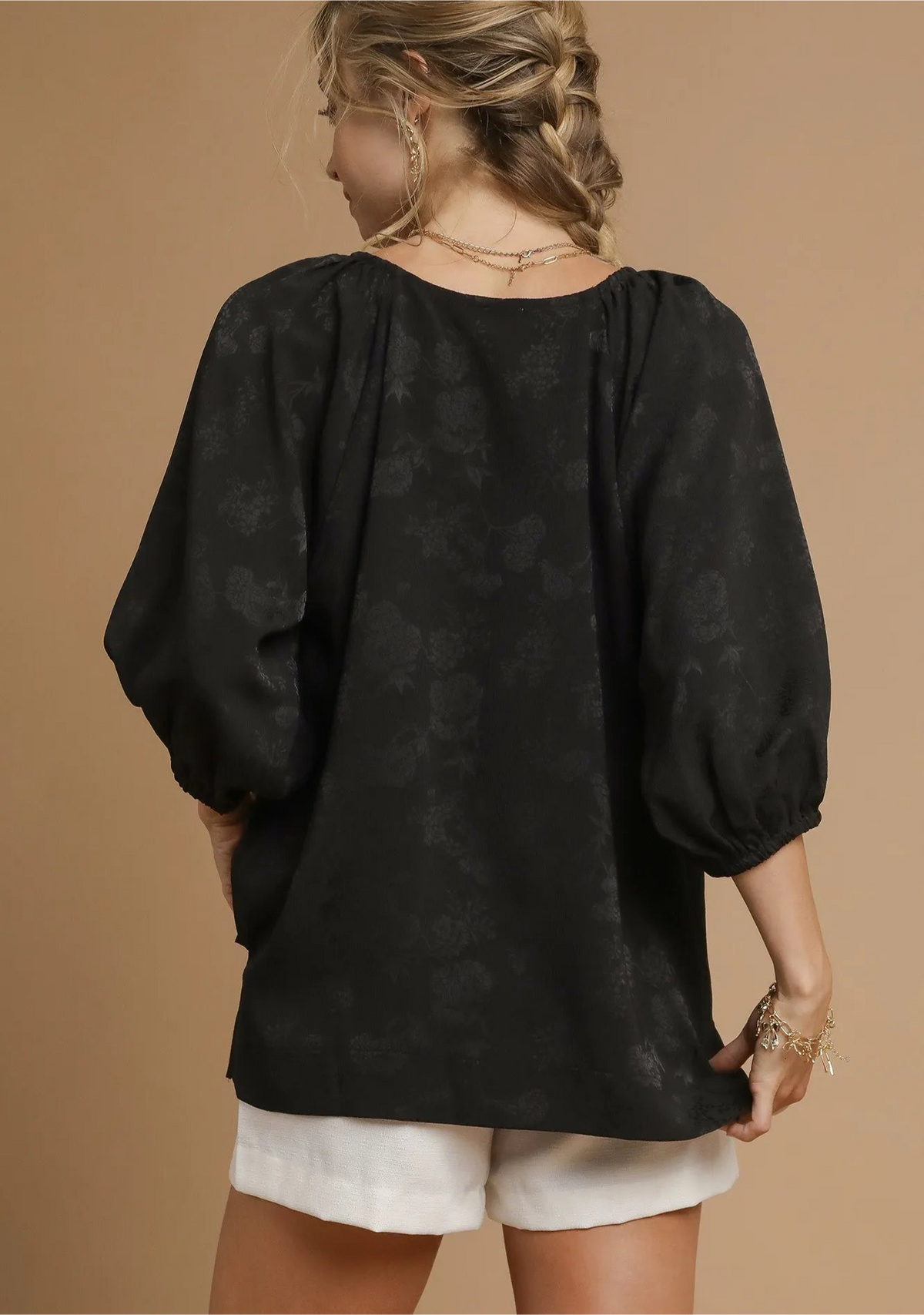Satin Jacquard Balloon Sleeve Blouse