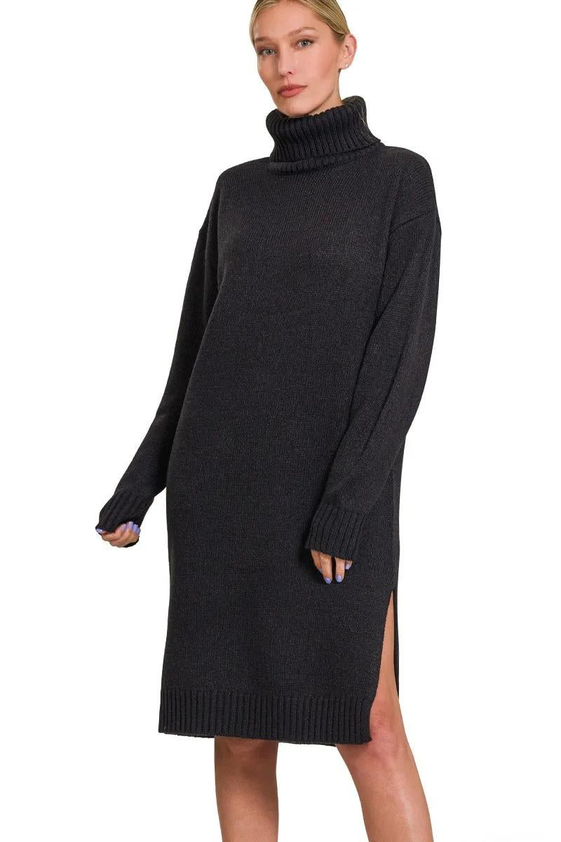 Turtle Neck Long Sleeve Midi Sweater Dress