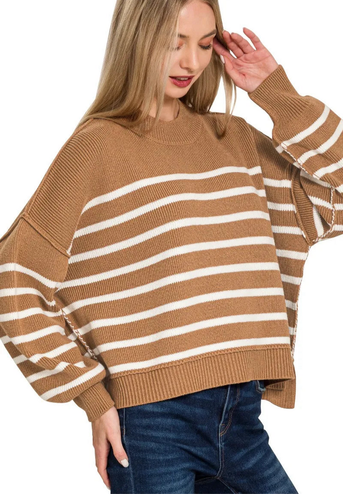 Exposed Seam Striped Oversized Sweater
