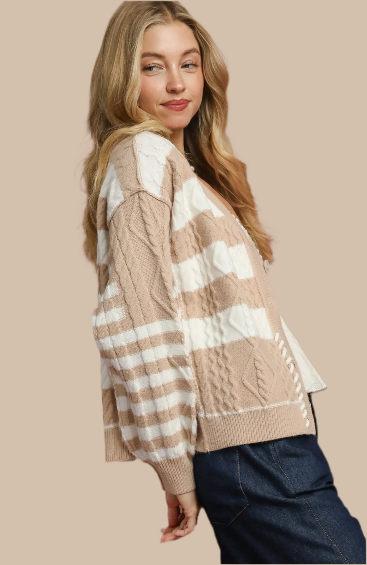 Cable-Knit Stripe Button-Up Cardigan
