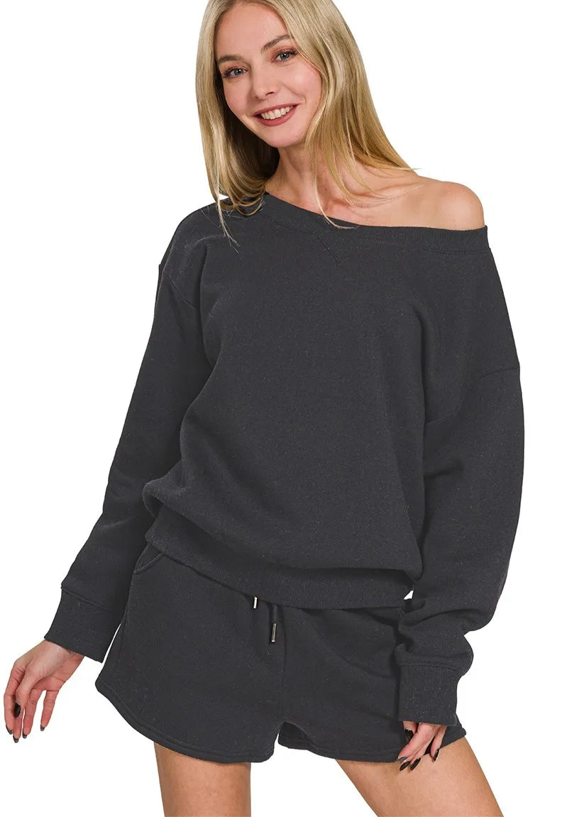 Fleece Boat Neck Sweatshirt and Shorts Set