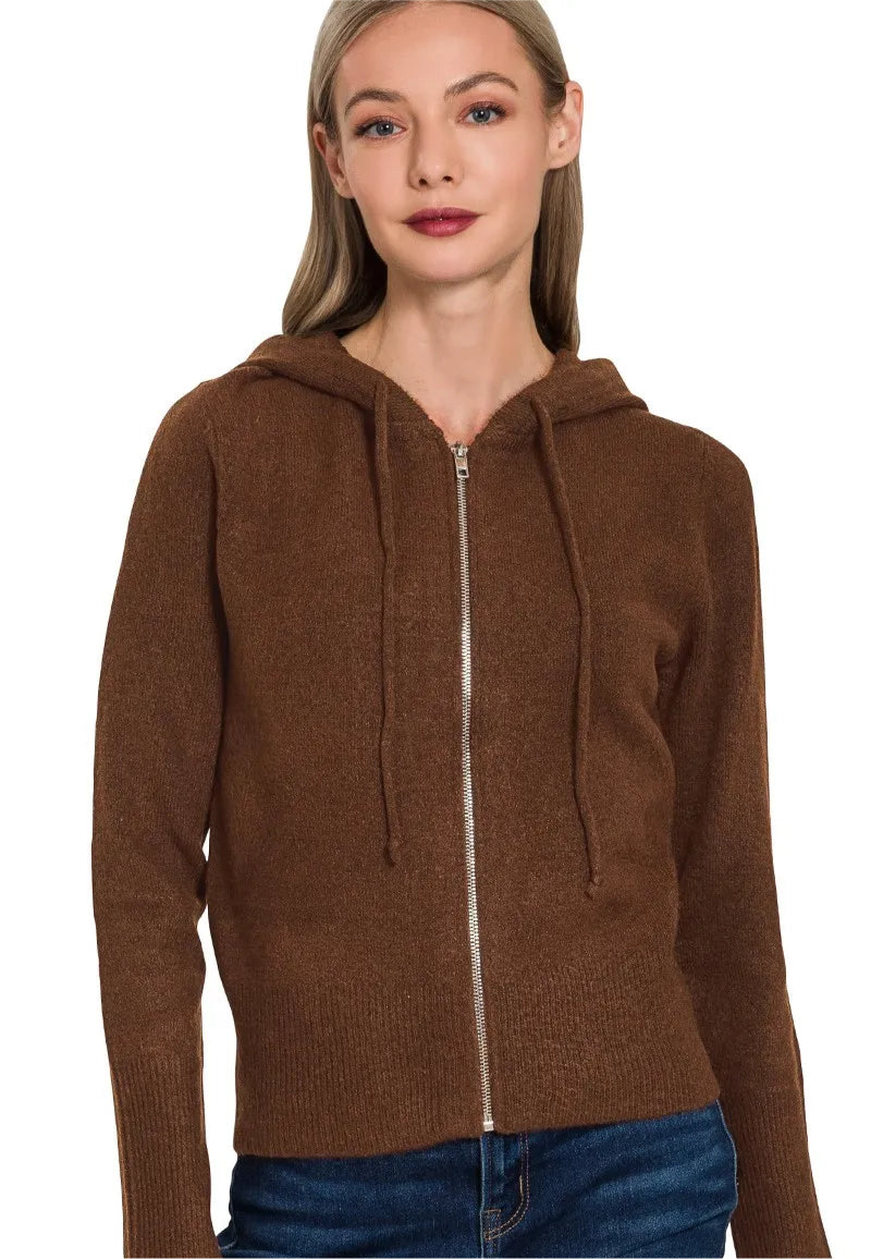 Drawstring Zip Up Hooded Cardigan