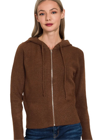 Drawstring Zip Up Hooded Cardigan