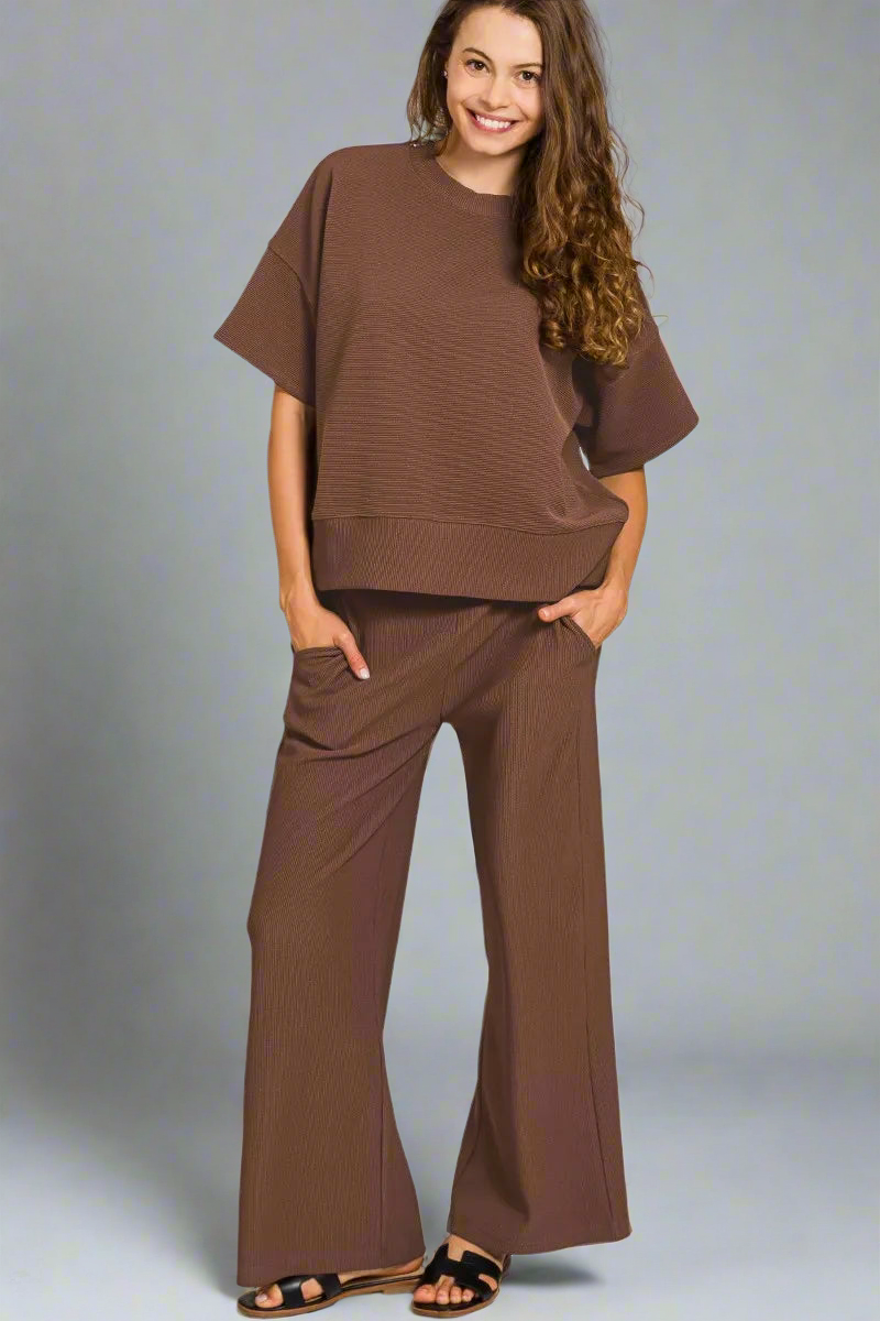 Ribbed Round Neck Tee & Pants Set