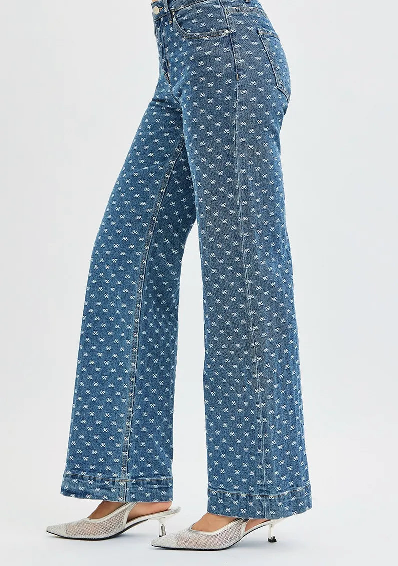 High Rise Wide Leg Bow Embroidered Jeans