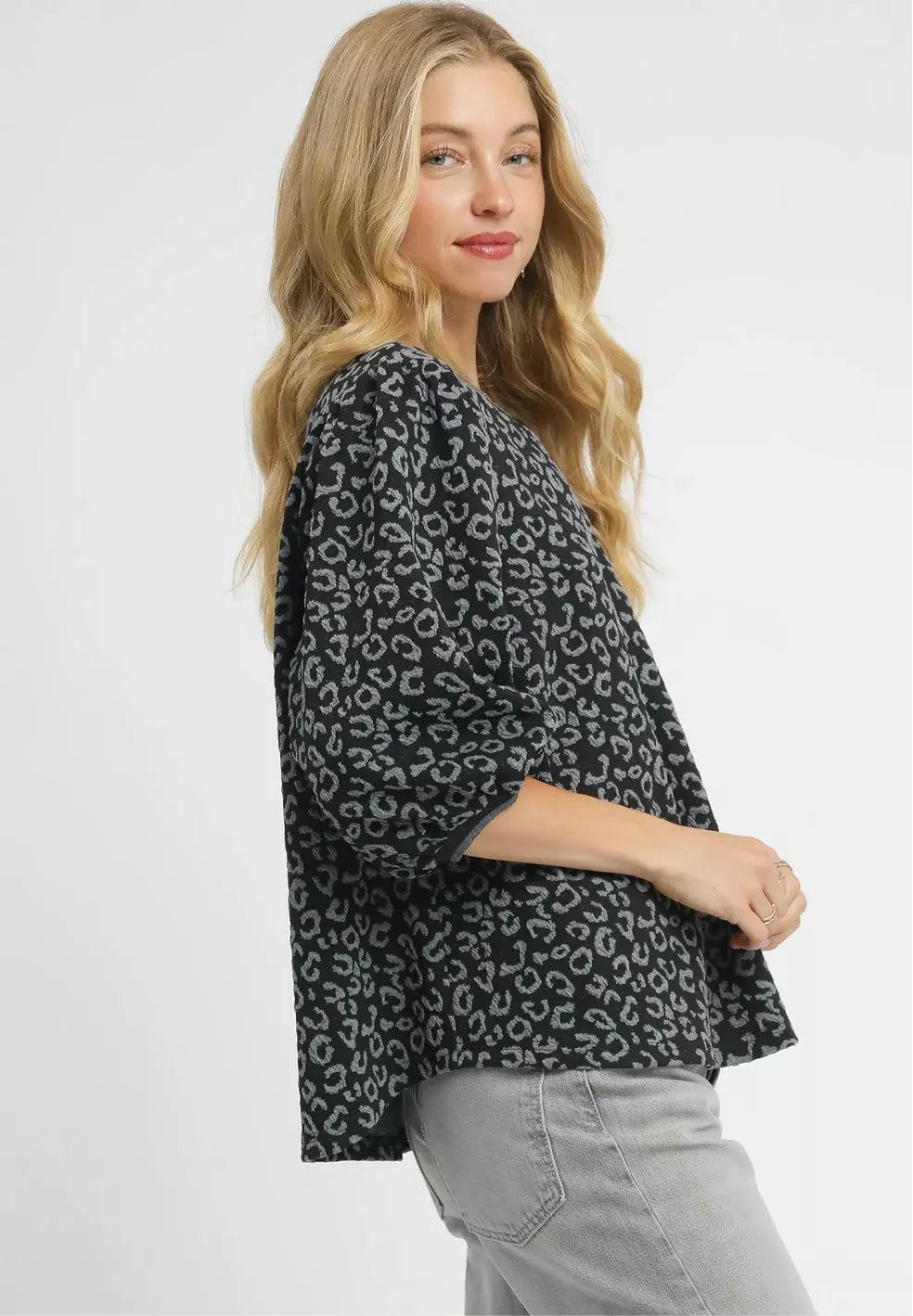 Leopard Print Jacquard Blouse with Puff Sleeves