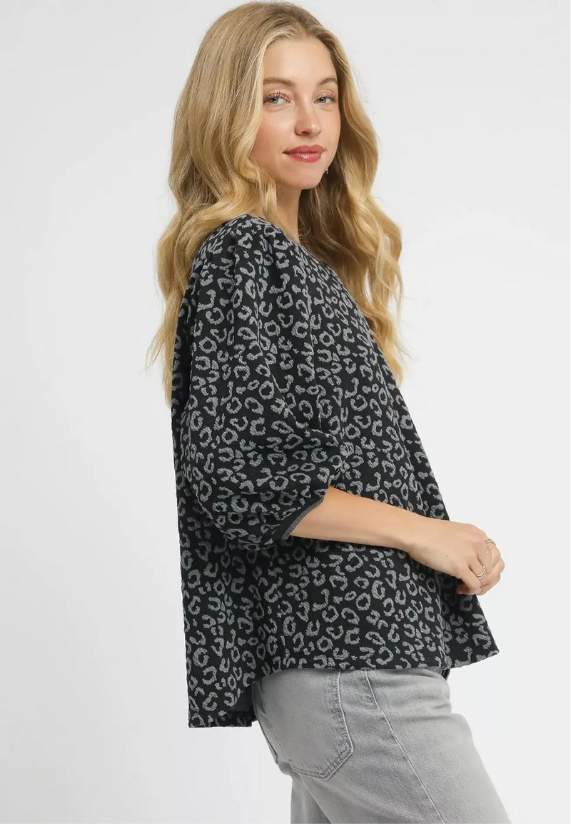 Leopard Print Jacquard Blouse with Puff Sleeves