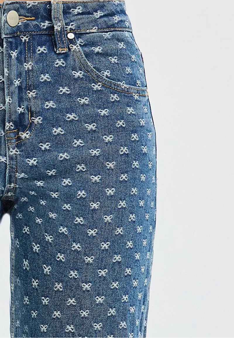 High Rise Wide Leg Bow Embroidered Jeans