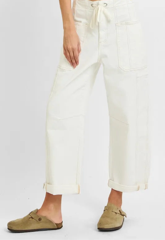 High Rise Crop Wide Barrel Cargo Pocket Jeans