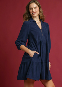 Tiered Corduroy Mini Dress with Balloon Sleeves