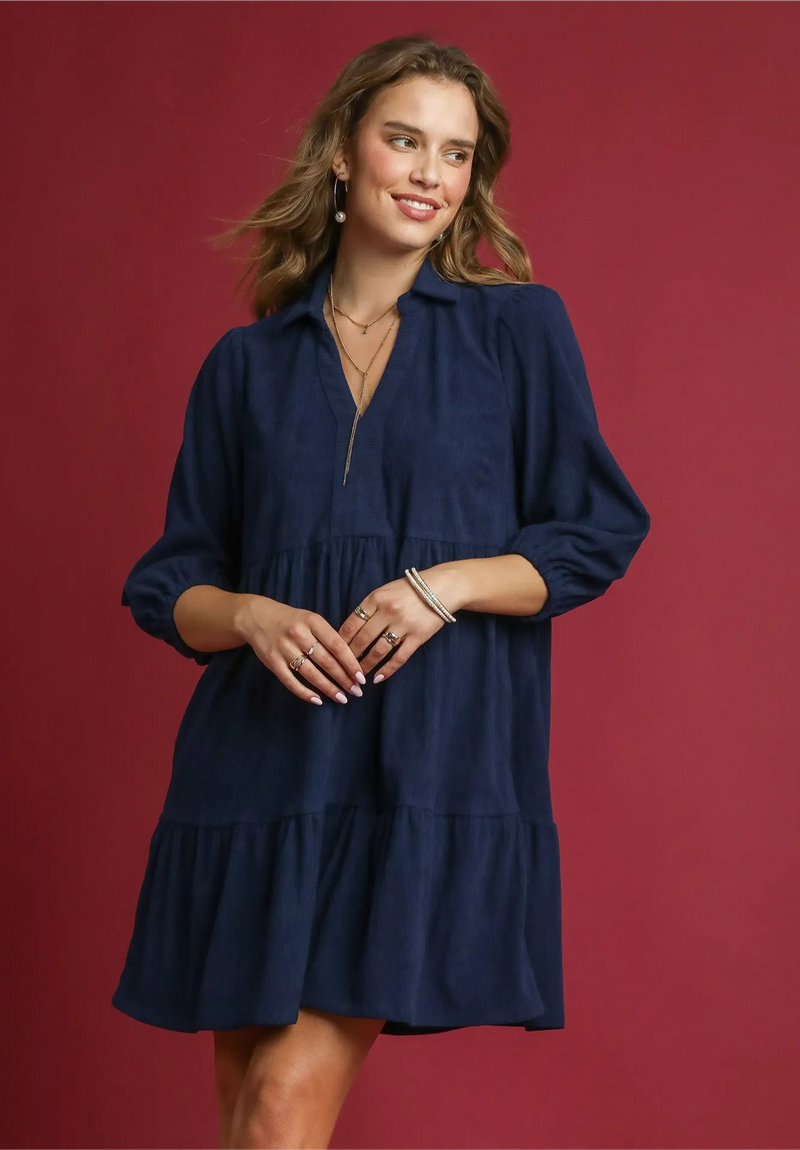 Tiered Corduroy Mini Dress with Balloon Sleeves