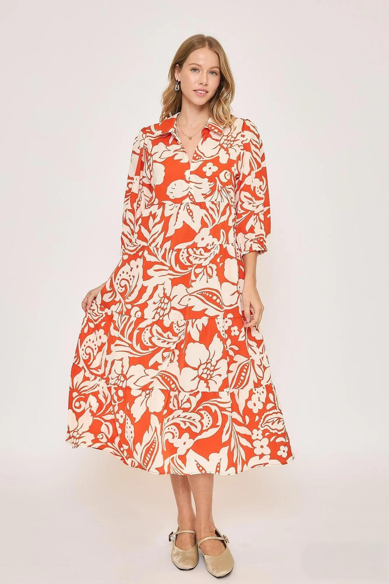 Floral Print Tiered Midi Dress