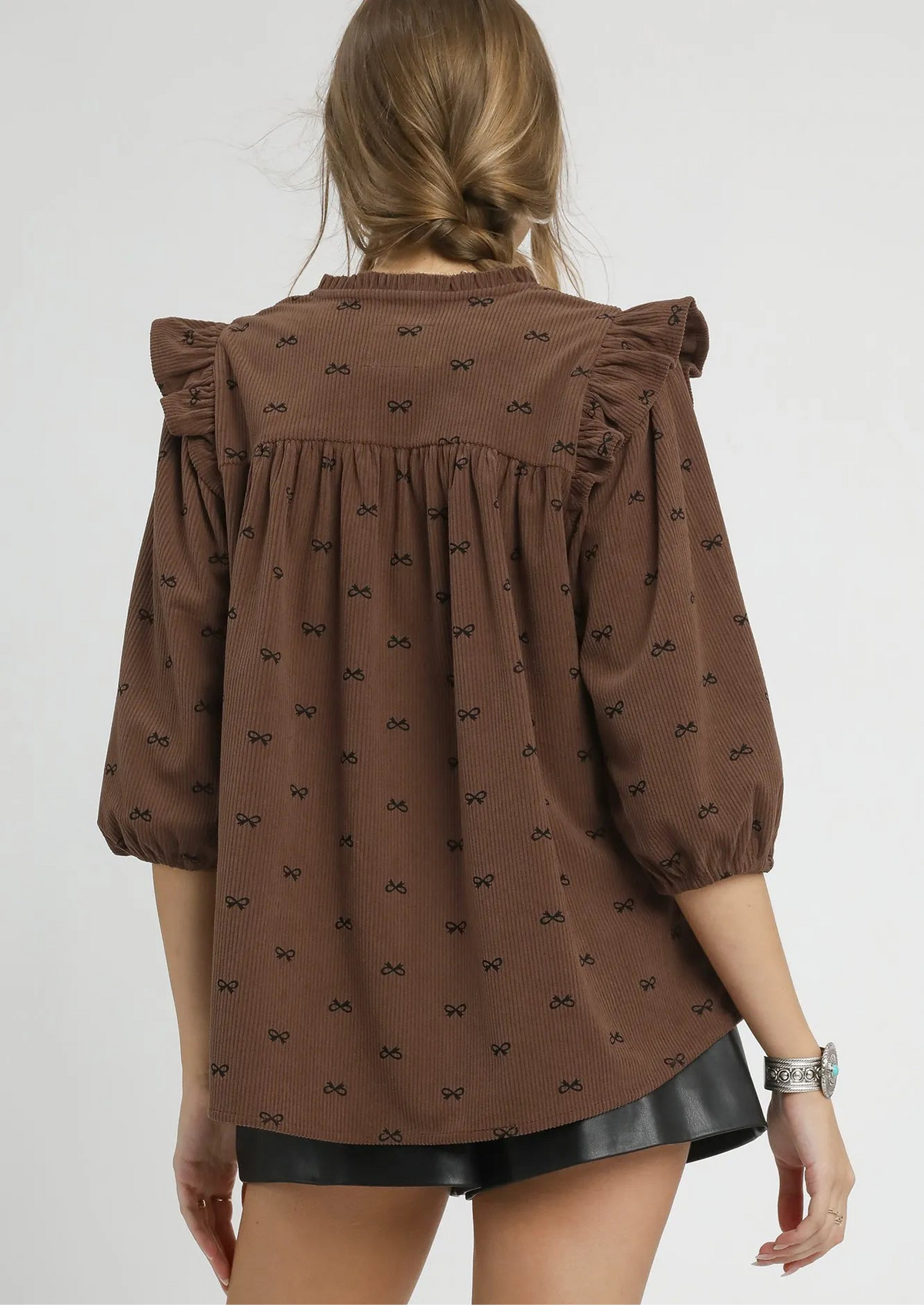 Bow Print Corduroy Puff Sleeve Blouse with Ruffled