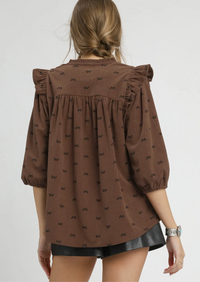 Bow Print Corduroy Puff Sleeve Blouse with Ruffled