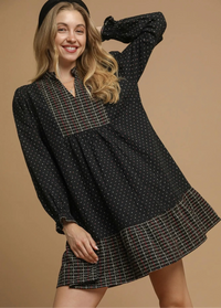 Polka Dot Plaid Trim Babydoll Dress