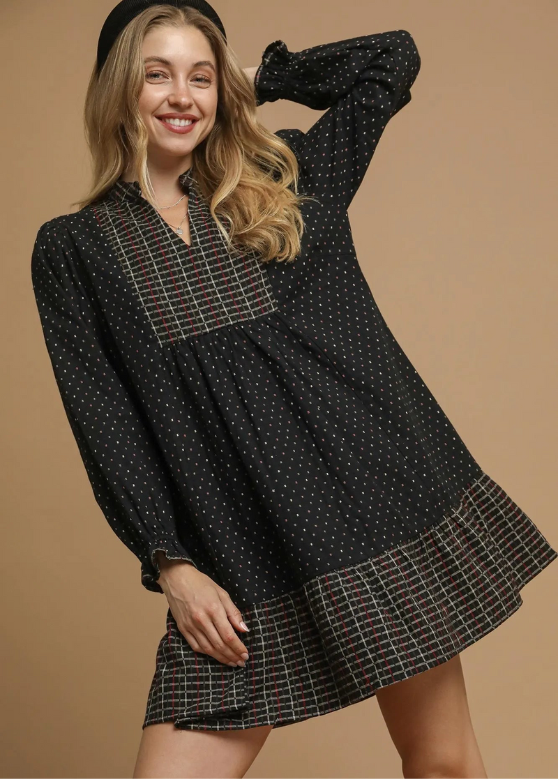 Polka Dot Plaid Trim Babydoll Dress