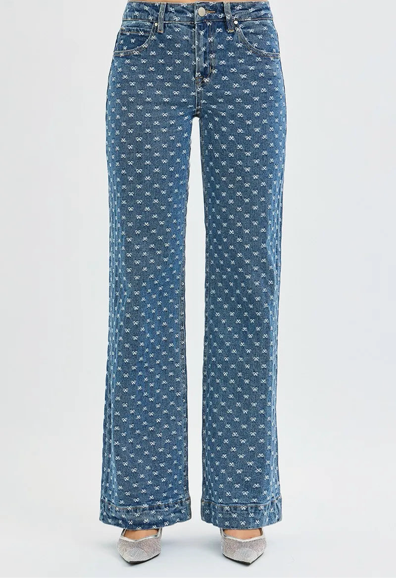 High Rise Wide Leg Bow Embroidered Jeans