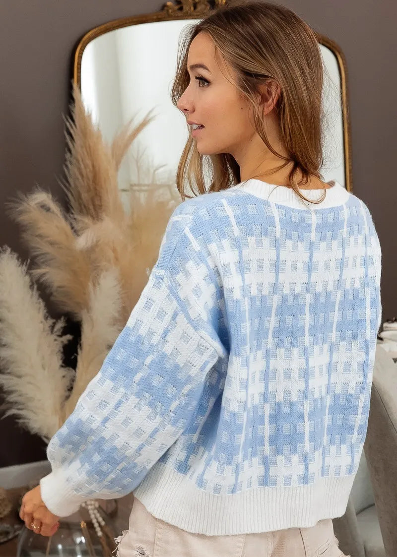 Grid Textured V-Neck Sweater