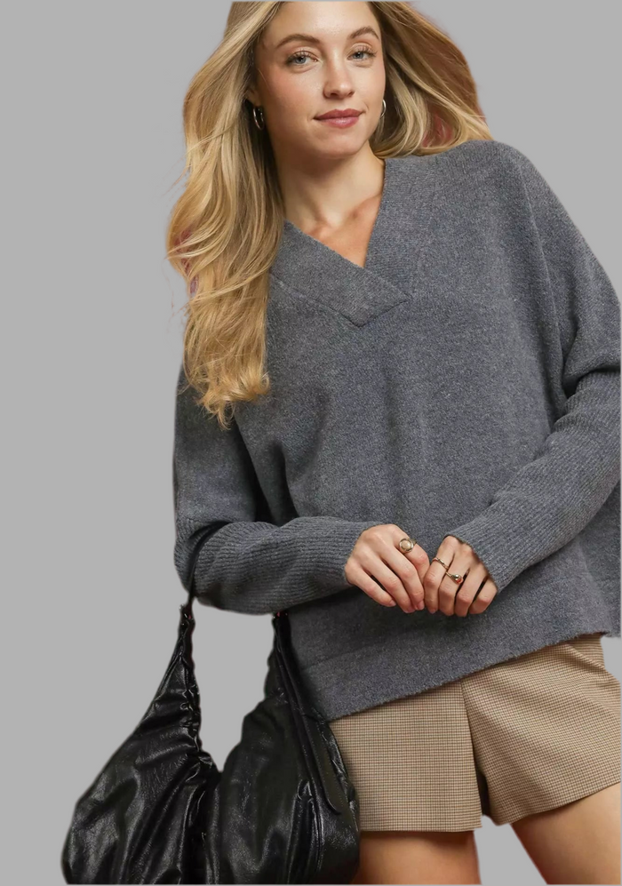 V-Neck Sweater with Wide Trim Detail