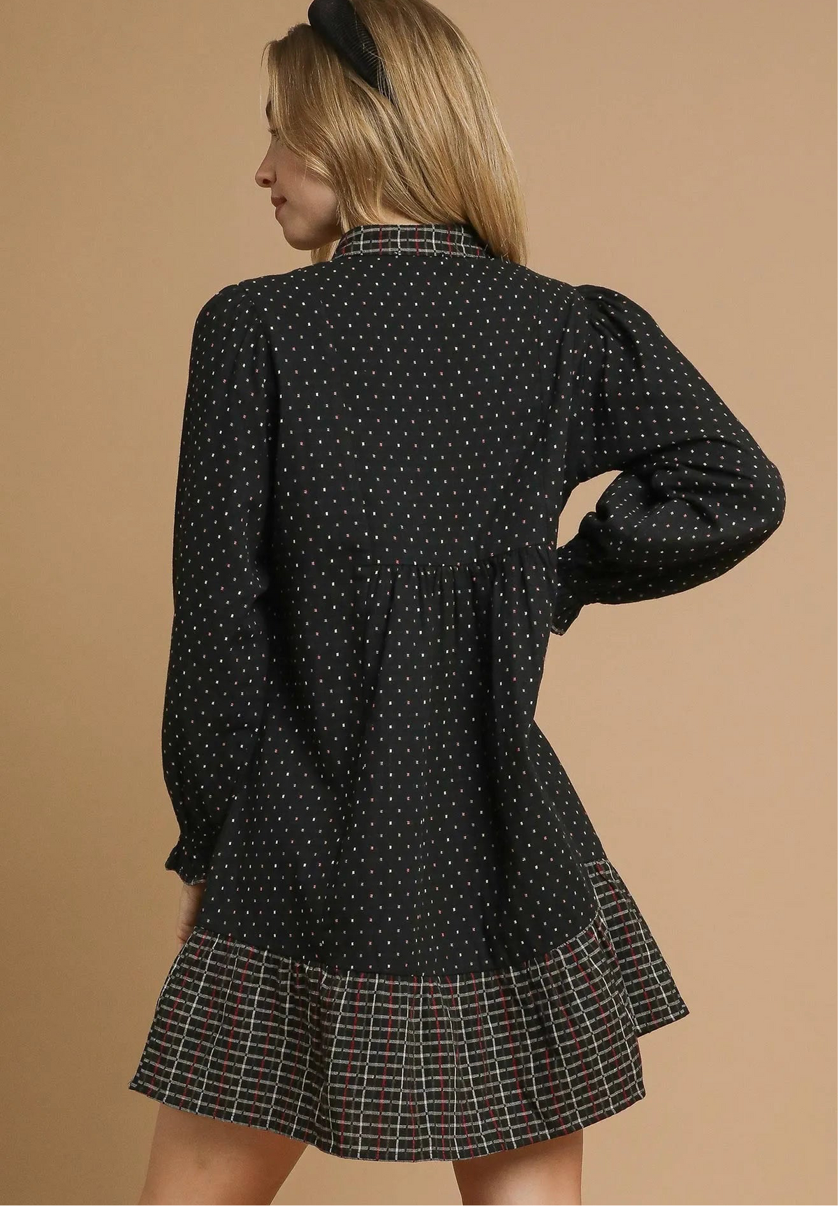 Polka Dot Plaid Trim Babydoll Dress