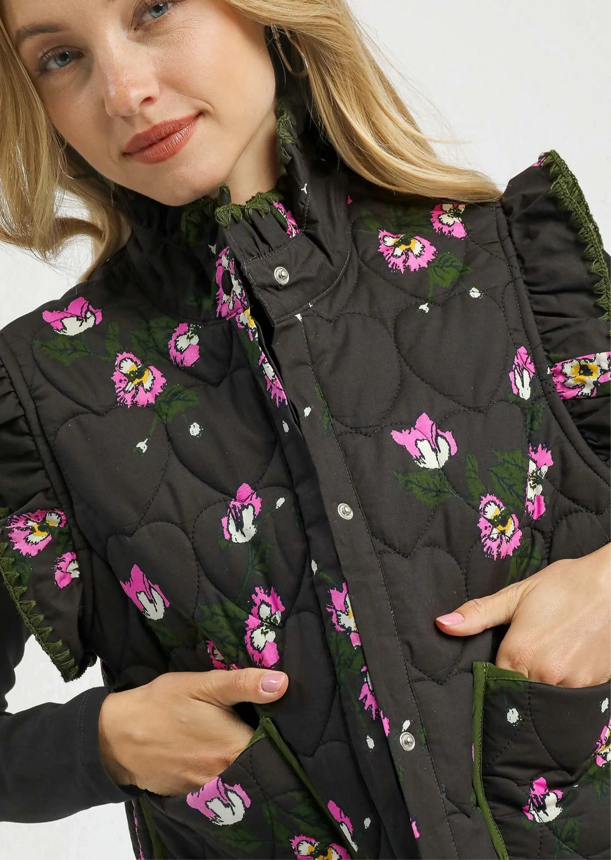 Ruffled Quilted Floral Snap Down Vest