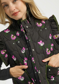 Ruffled Quilted Floral Snap Down Vest