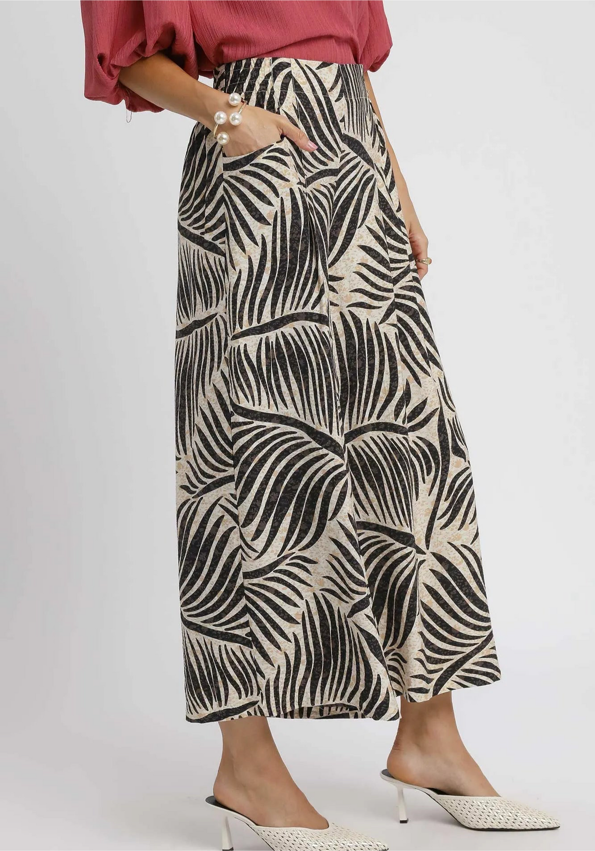 Palm Leaf Print Wide Leg Culotte Pants