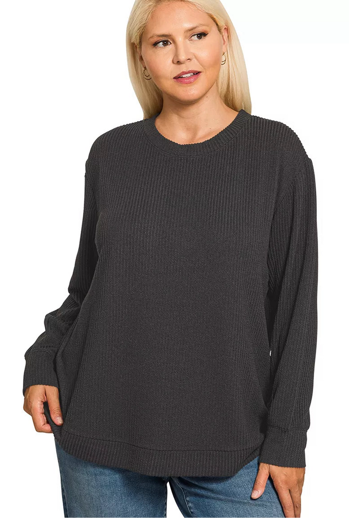 Raised Rib Round Neck Long Sleeve Top