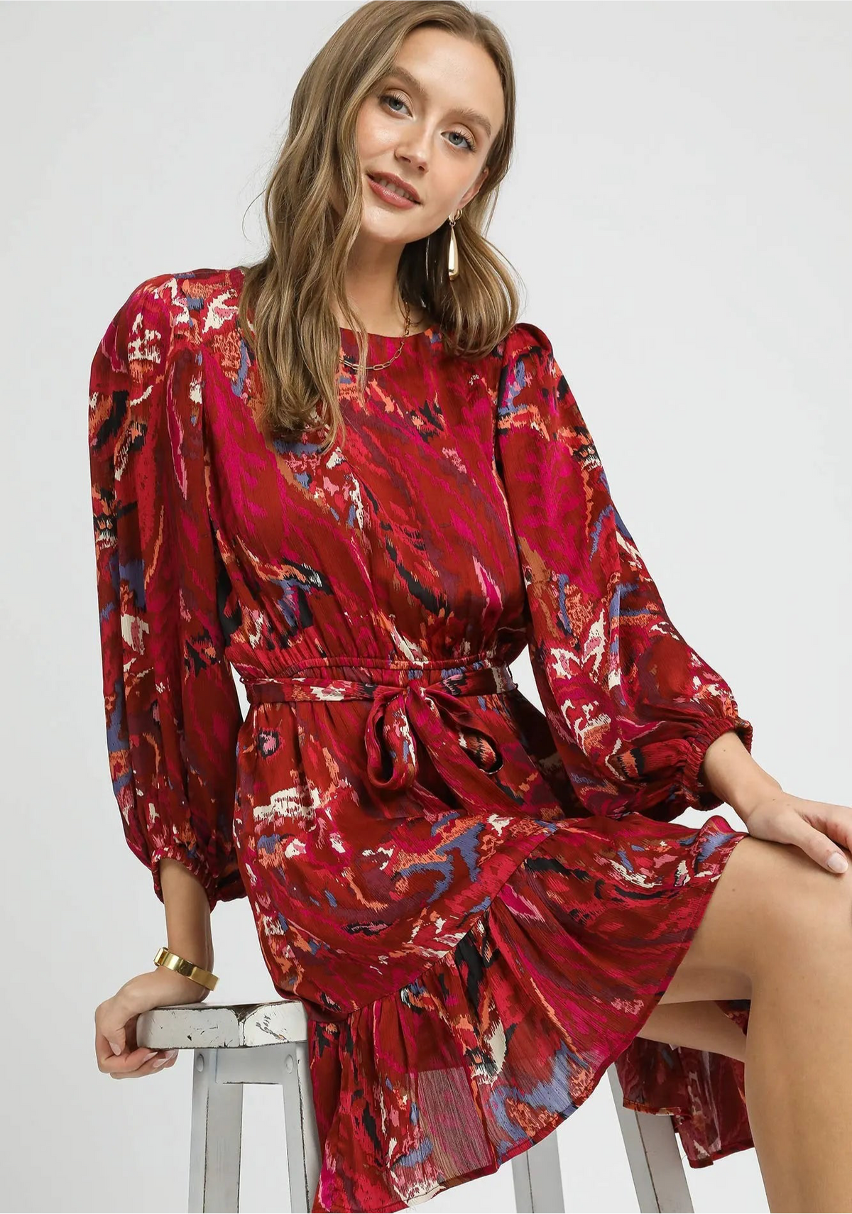 Ruffled Hem Printed Balloon Sleeve Dress