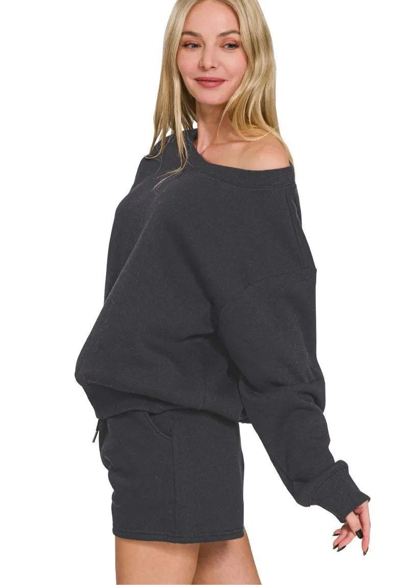 Fleece Boat Neck Sweatshirt and Shorts Set