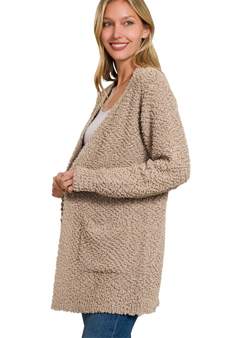 Long Sleeve Popcorn Sweater Cardigan with Pockets