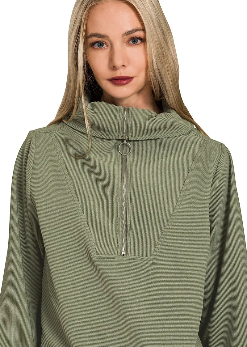 Ribbed High Neck Half Zip Pullover & Pants Set