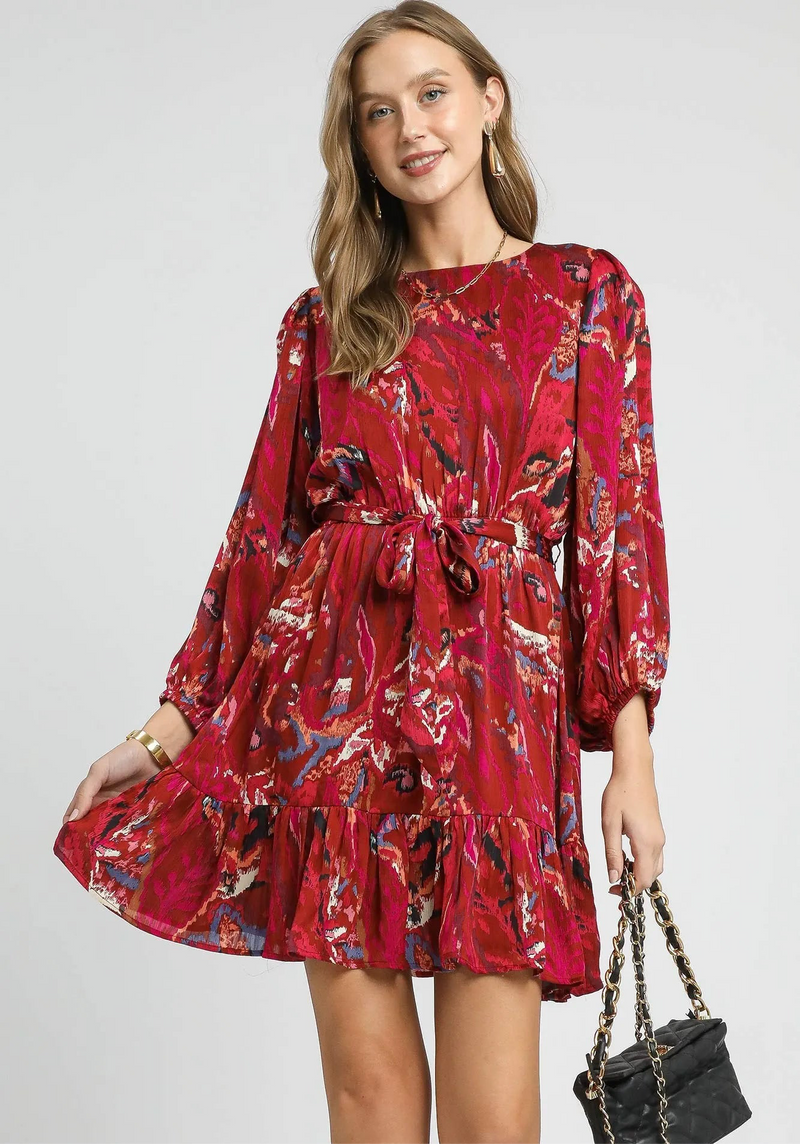 Ruffled Hem Printed Balloon Sleeve Dress
