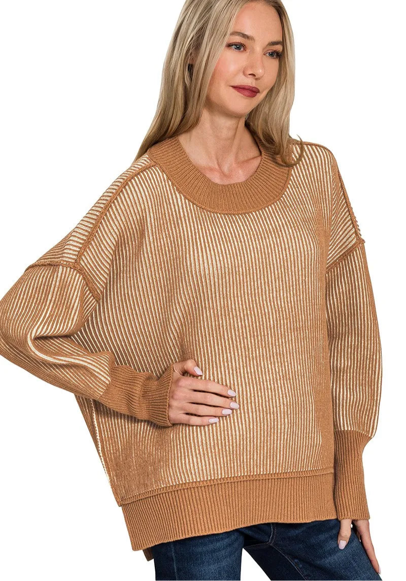 Exposed Seam Two Tone Ribbed Sweater