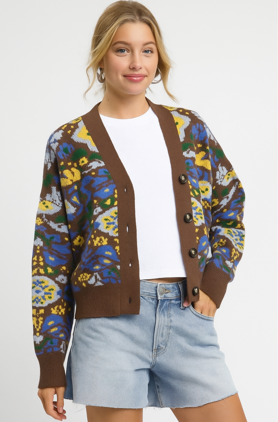 Floral Knit Button-Up Cardigan