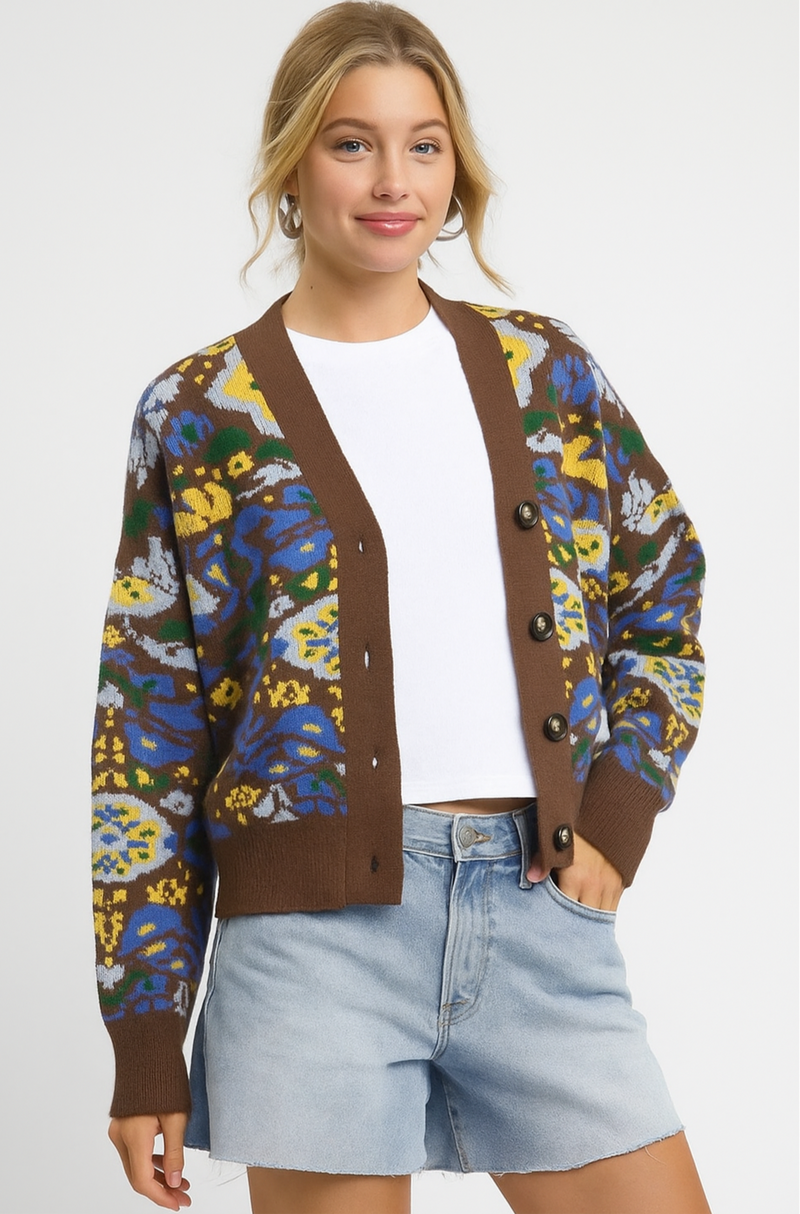 Floral Knit Button-Up Cardigan