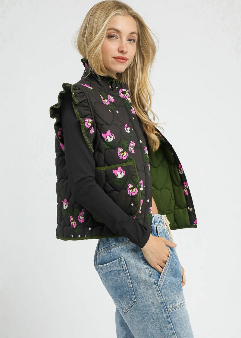 Ruffled Quilted Floral Snap Down Vest