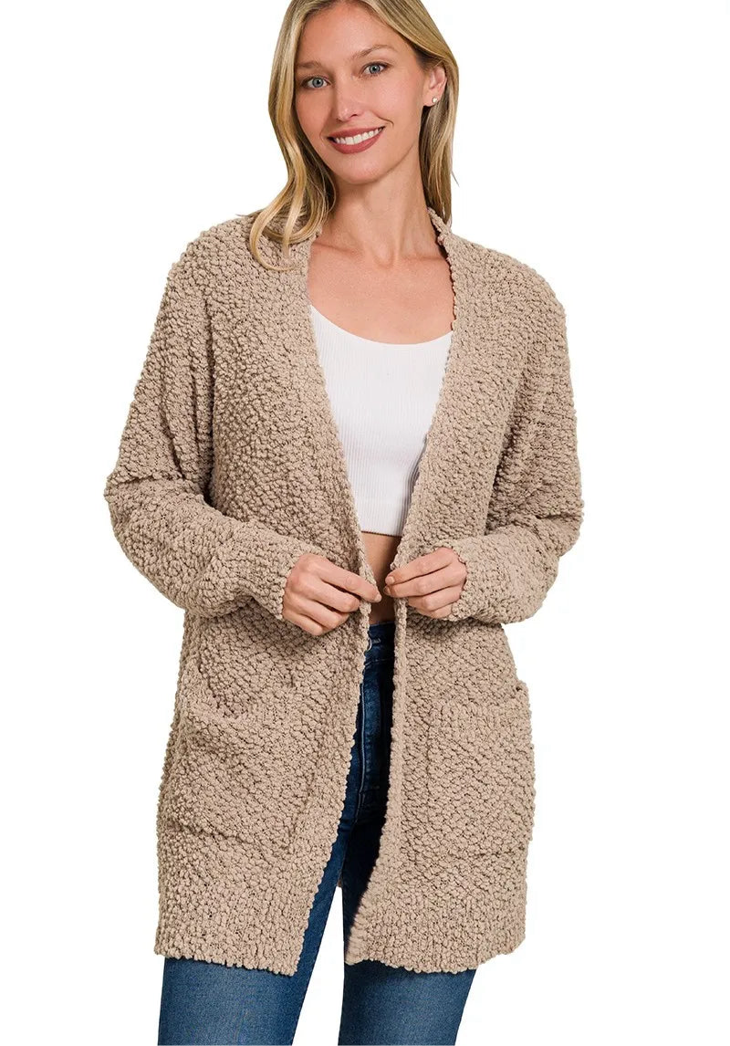 Long Sleeve Popcorn Sweater Cardigan with Pockets