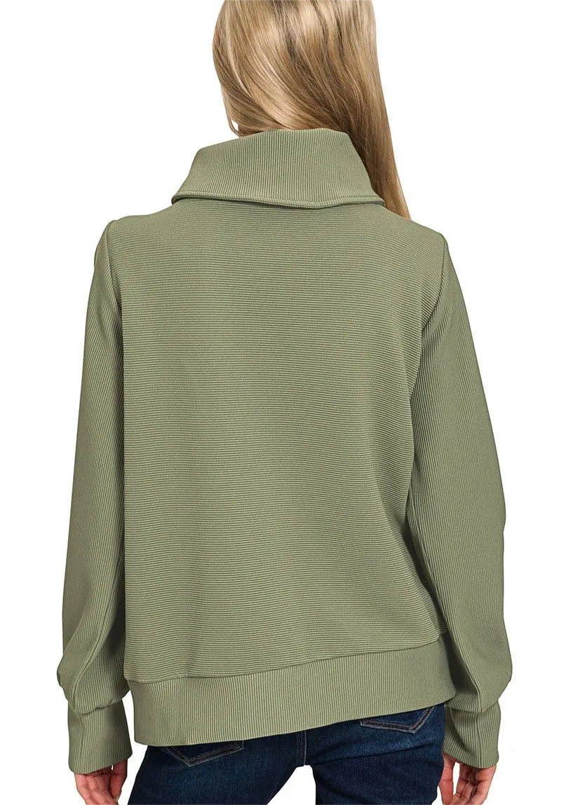 Ribbed High Neck Half Zip Pullover & Pants Set