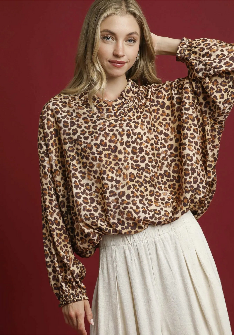 Leopard Print Balloon Sleeve Blouse