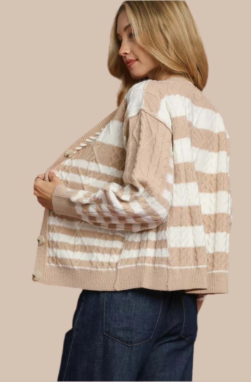 Cable-Knit Stripe Button-Up Cardigan