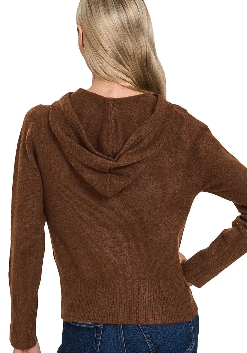 Drawstring Zip Up Hooded Cardigan