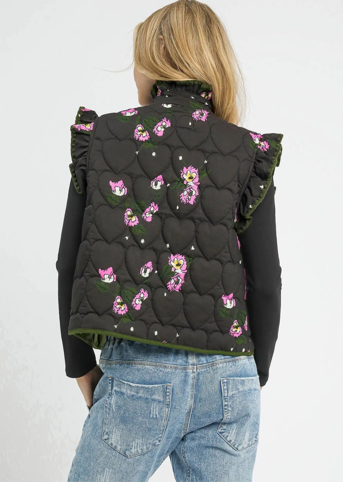 Ruffled Quilted Floral Snap Down Vest